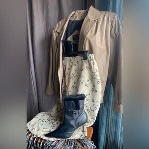 Nicole Studio Tan & Black long fringed Faux Suede skirt Size 8